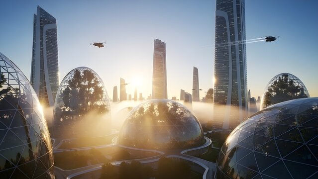 Ilustrasi kota futuristik dengan arsitektur tinggi berdesain modern yang dipadukan dengan kubah ekologi berisi taman hijau. Pemandangan matahari terbit dan kabut tipis menghadirkan suasana futuristik 