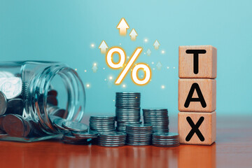 Tax increase concept with spilled coins from a jar and stacked money beside glowing percentage icons, symbolizing rising financial pressure, budgeting challenges, economic trends.