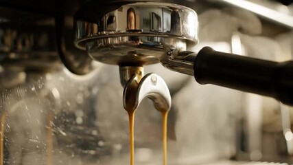 Close-up of coffee brewing process with hot espresso dripping from a