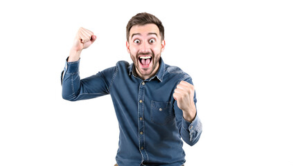 Triumphant Joy: Ecstatic Man with Wide Eyes and Clenched Fists Celebrating Success