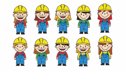 Diverse Group of Happy Cartoon Children Wearing Hard Hats and Overalls