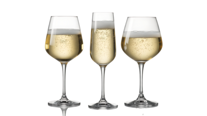Three Glasses of Champagne with Bubbles on Transparent Background.