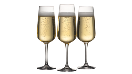 Three Flutes of Sparkling Champagne glass wine Transparent Background.
