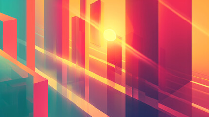 Abstract digital art featuring vibrant vertical and horizontal geometric shapes bathed in warm, glowing sunlight creating a modern, futuristic city aesthetic