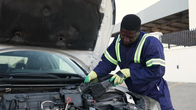 African mechanic carefully inspects air filter housing of a car, routine maintenance