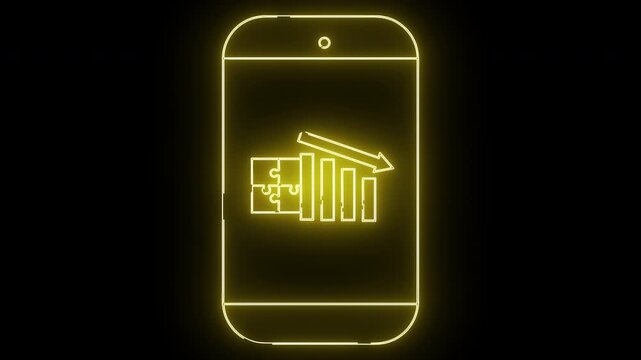 Yellow neon phone outline bar graph with falling arrow and puzzle pieces
