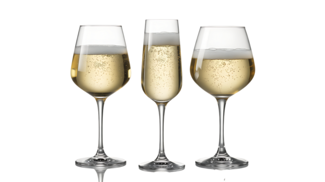 Three Glasses of Champagne with Bubbles on Transparent Background.