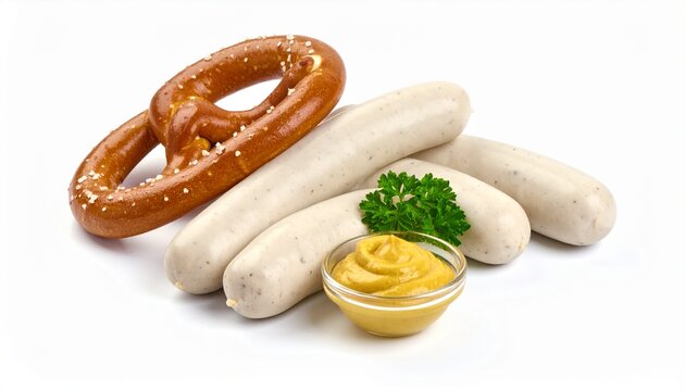 Bavarian weisswurst white sausage with pretzel and mustard