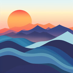 Minimalist digital illustration depicting a vibrant sunset over layered blue mountain ranges and undulating wavelike foreground shapes in cool tones