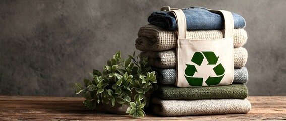 Folded clothes stacked next to a reusable bag with a recycling symbol, representing sustainable fashion, eco-friendly lifestyle, clothing reuse, textile recycling, and conscious consumer choices.