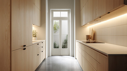 Modern kitchen with wooden cabinets and natural light from doors  