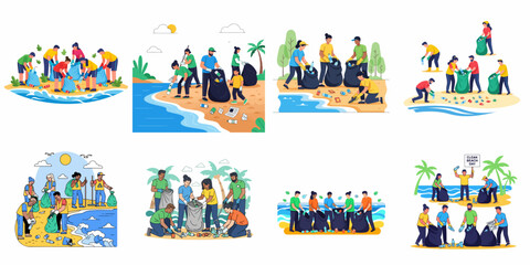 Naklejka premium Various illustrations showing groups of diverse volunteers cleaning up polluted beaches and outdoor environments, collecting plastic waste and trash for recycling and environmental conservation.