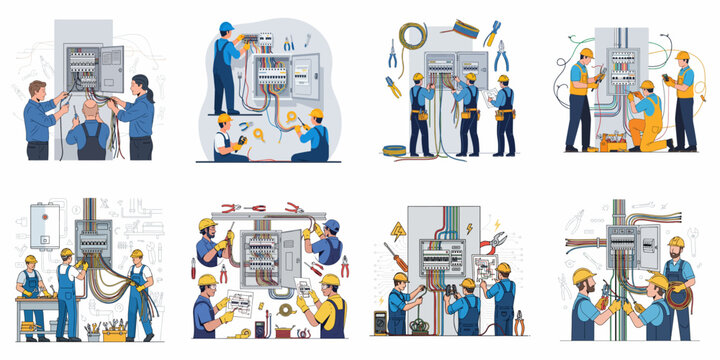 Professional illustrations showing electricians installing and repairing electrical switchboards, breaker boxes, and wiring systems with various tools and teamwork.