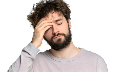 Man with Headache: Curly Hair, Beard, Eyes Closed, Isolated on White Background