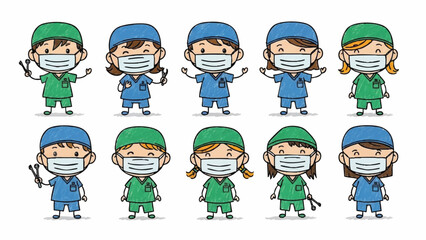 Diverse Group of Cartoon Healthcare Workers in Medical Scrubs and Face Masks