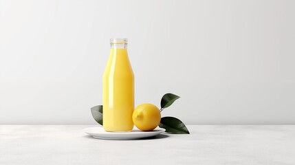 Bright lemon juice in a transparent bottle placed beside whole lemons and leaves, showcasing a refreshing citrus beverage ideal for product promotion and healthy lifestyle visuals.