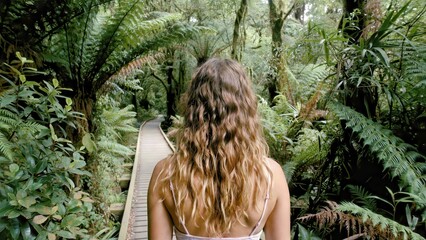 Woman Walking on Wooden Path Through Dense Tropical Jungle
