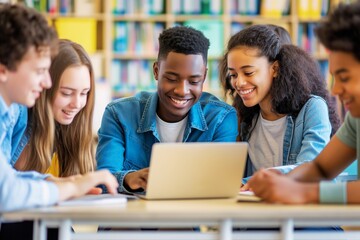 Group of students collaborating around a laptop in a modern classroom, smiling and studying together, teamwork and learning environment (JPG 300DPI 10800x7200)
