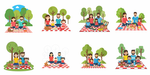Vector set of happy families enjoying a summer picnic outdoors in the park with sandwiches, baskets, and checkered blankets, illustrating leisure and togetherness.