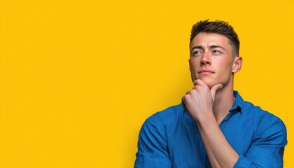 Fototapeta premium Contemplative Pose: Handsome Man In Blue Shirt Posing Thoughtfully Against Vibrant Yellow Background. Expressing Deep Thinking And Reflection.