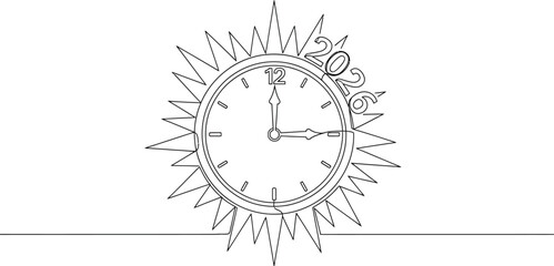 Clock striking midnight for new year 2026 in single continuous line drawing
