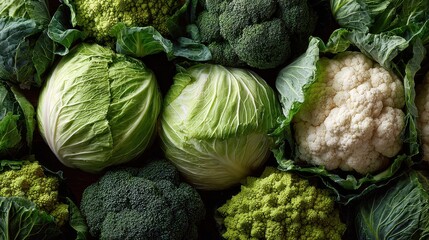 Fresh organic vegetables display: cabbages, broccoli, cauliflower, & romanesco. Perfect for healthy eating, vegetarianism, recipe blogs or agriculture themes.