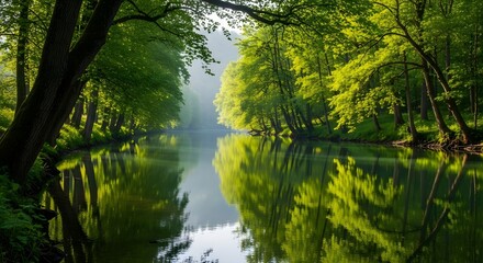 Fototapeta premium Peaceful Lake Surrounded by Green Trees