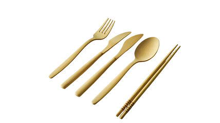 Golden Cutlery Set: An elegant arrangement of golden cutlery, including a fork, knives, spoon, and chopsticks, perfect for a refined dining experience. 