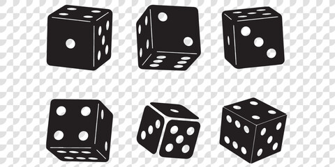 Dice Black And White Vector Illustration. Dices flat icon sets. Rolling dice. White roll cubes for gamble games, top view dice sides and falling 3D angles lucky craps. .poker gaming cube entertainment