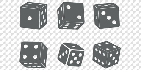 Dice Black And White Vector Illustration. Dices flat icon sets. Rolling dice. White roll cubes for gamble games, top view dice sides and falling 3D angles lucky craps. .poker gaming cube entertainment