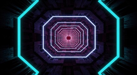 Abstract futuristic tunnel with neon light and geometric patterns