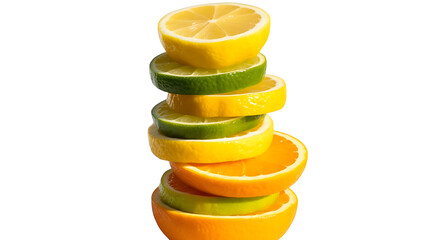 Citrus Stack: A vibrant arrangement of sliced lemon, lime, and orange, meticulously stacked to form a colorful display.