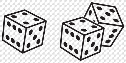 Dice Black And White Vector Illustration. Dices flat icon sets. Rolling dice. White roll cubes for gamble games, top view dice sides and falling 3D angles lucky craps. .poker gaming cube entertainment