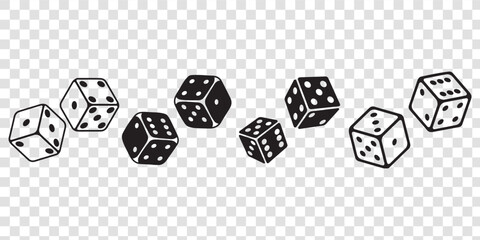 Dice Black And White Vector Illustration. Dices flat icon sets. Rolling dice. White roll cubes for gamble games, top view dice sides and falling 3D angles lucky craps. .poker gaming cube entertainment