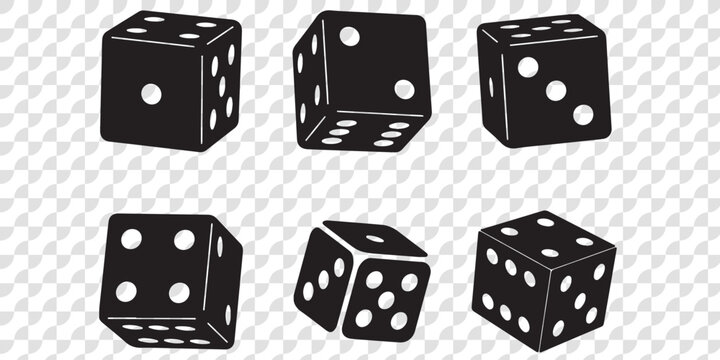 Dice Black And White Vector Illustration. Dices flat icon sets. Rolling dice. White roll cubes for gamble games, top view dice sides and falling 3D angles lucky craps. .poker gaming cube entertainment
