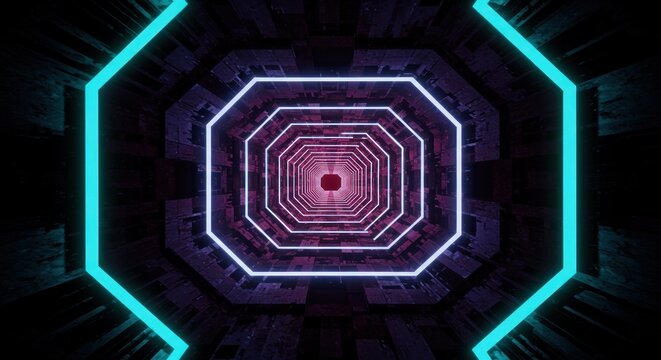 Abstract futuristic tunnel with neon light and geometric patterns