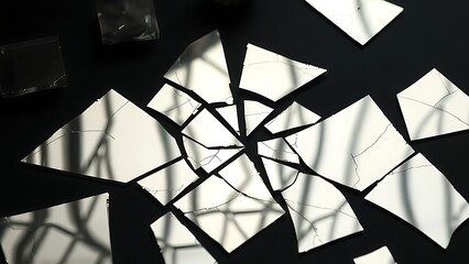 shards. Broken mirror fragments reflecting distorted light patterns on a dark surface. wellbeing guides, coaching materials, designed for mental health education and mindfulness programs.