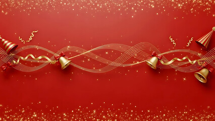 Elegant Red and Gold Festive Background with Party Hats, Bells, and Sparkling Glitter