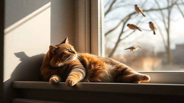 garroting. A cat lounging on a sunny windowsill, ignoring birds outside the window. wildlife magazines, conservation campaigns, designed for eco-tourism storytelling, used by PR specialists.