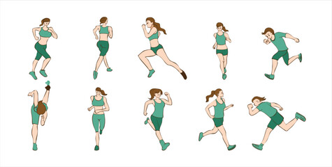 Female running human silhouettes isolated on transparent background. Athletic Blonde Haired Woman Running In A Fitness Outfit With A Sports Bra And Shorts, vector illustration.