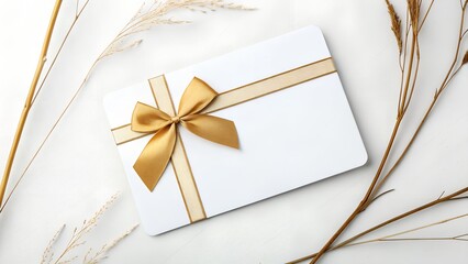 Modern Flat-Lay Mockup of Blank Gift Card with Gold Decorative Trim and Shiny Satin Bow on Clean White Background for Stylish Packaging Presentations