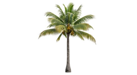 Obraz premium Tropical Solitude: A solitary coconut tree stands tall, its fronds reaching for the sky, laden with coconuts in a moment of tranquility.