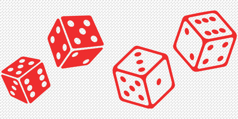 Game dice icons in outline and filled vector styles. Gambling and board game symbols with dots and cubes