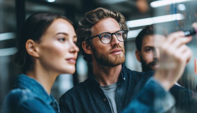 Successful Business Team Brainstorms Ideas On Stickers At Office Glass Board During Discussion In Coworking Space.