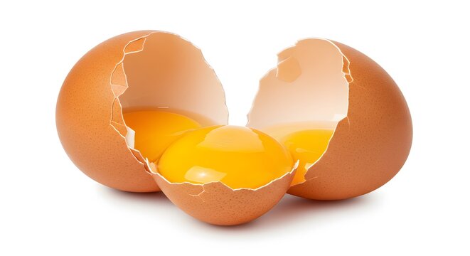 Close-up of a cracked brown egg revealing three vibrant yellow yolks against a clean white backdrop
