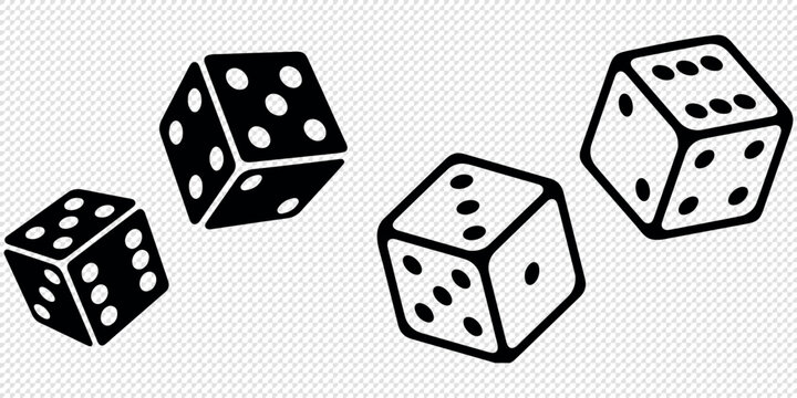 Game dice icons in outline and filled vector styles. Gambling and board game symbols with dots and cubes