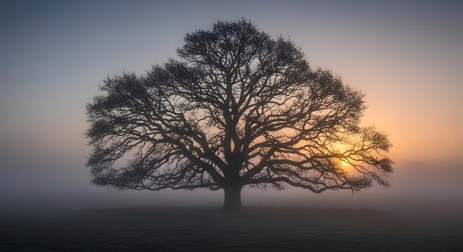 Silhouetted Oak: An ancient oak tree stands majestically against a misty morning sky, its gnarled branches reaching towards the soft glow of dawn, exuding a sense of timelessness and tranquility.