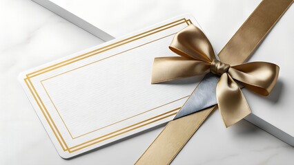 Elegant White Wedding Invitation Card Decorated with Gold Border Lines and a Soft Satin Ribbon Bow in Romantic Light for Luxury Event Stationery Designs