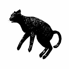 Hand-drawn vintage cat silhouette walking forward with textured engraved fur details, illustrated in classic sketch style.
