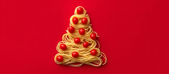 Spaghetti pasta creating christmas tree shape with cherry tomatoes, copy space